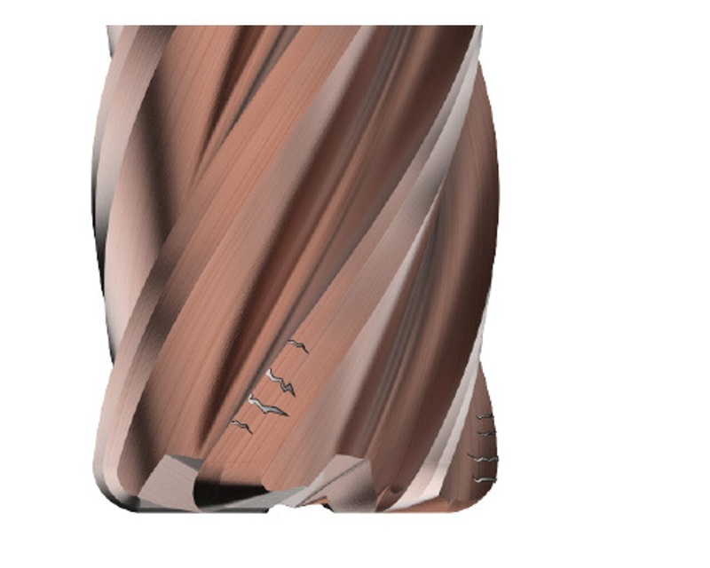 Example of comb cracking wear on a solid carbide end mill