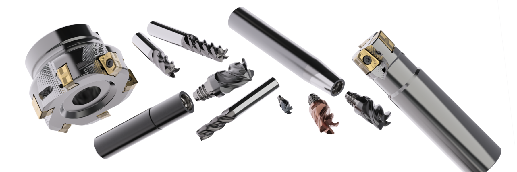 A selection of indexable milling cutters, exchangeable heads and solid end mills