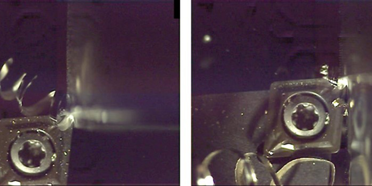 Figure 12: Examples of chip formation (geometry shown is Seco MF2). At left, an operation with f = 0.1 mm/rev in feed; at right, an operation with f = 0.3 mm/rev in feed