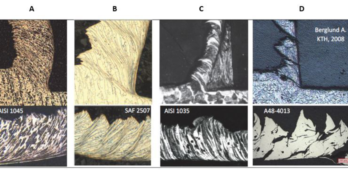 Figure 10: Examples of different chip forms in various workpiece materials