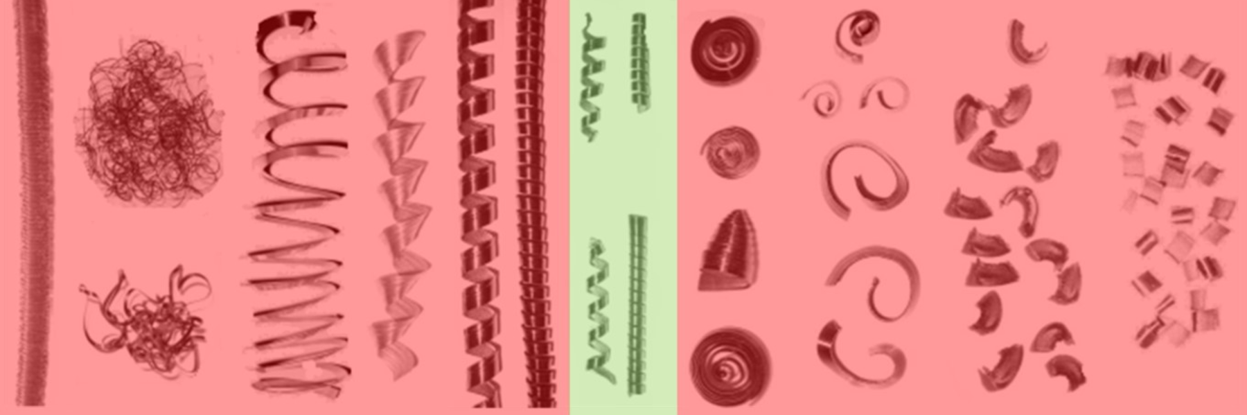 Figure 4: Chips, classified from long to short. From left to right: ribbon, tangled, corkscrew, long helical, helical, spiral (ideal), spiral tubular, long and short comma chips.