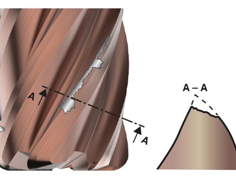 Example of chip evacuation wear on a solid carbide end mill